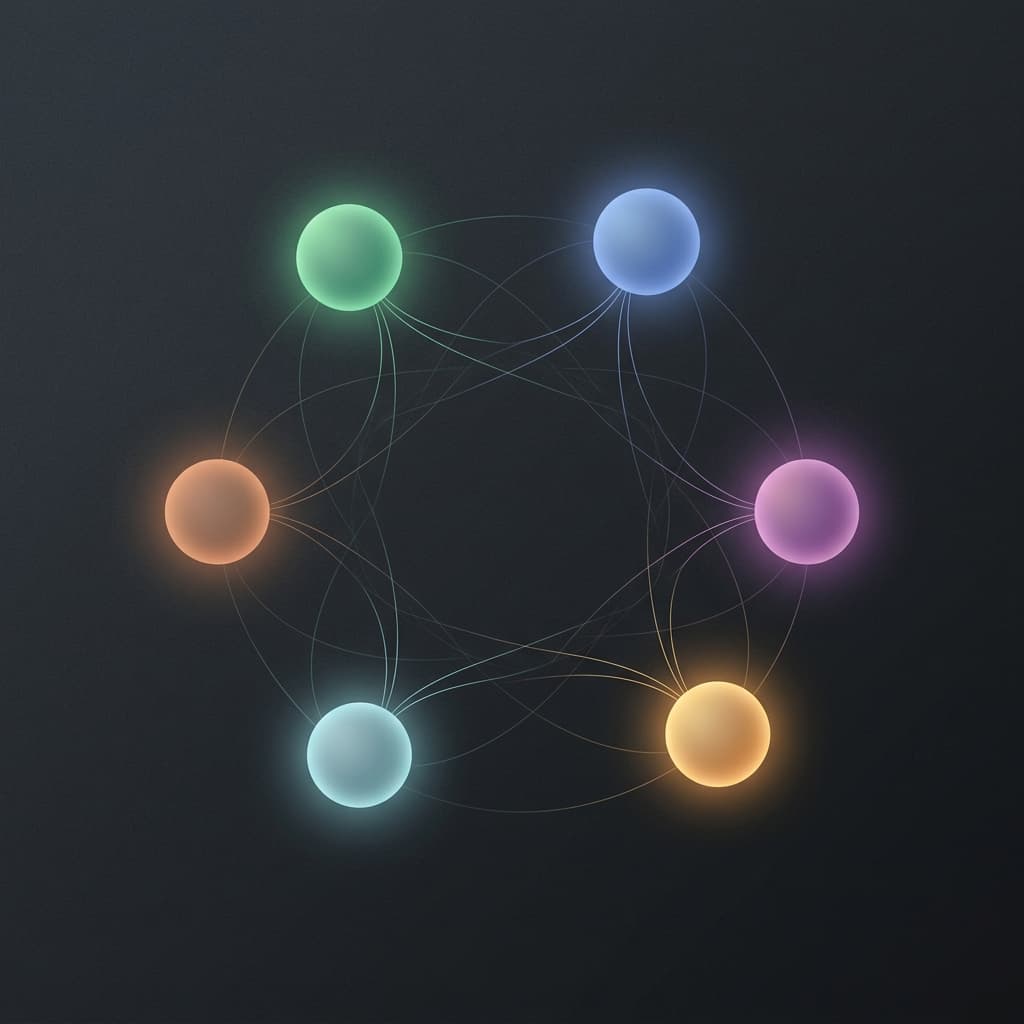 Six glowing orbs interconnected, representing six AI search engines.