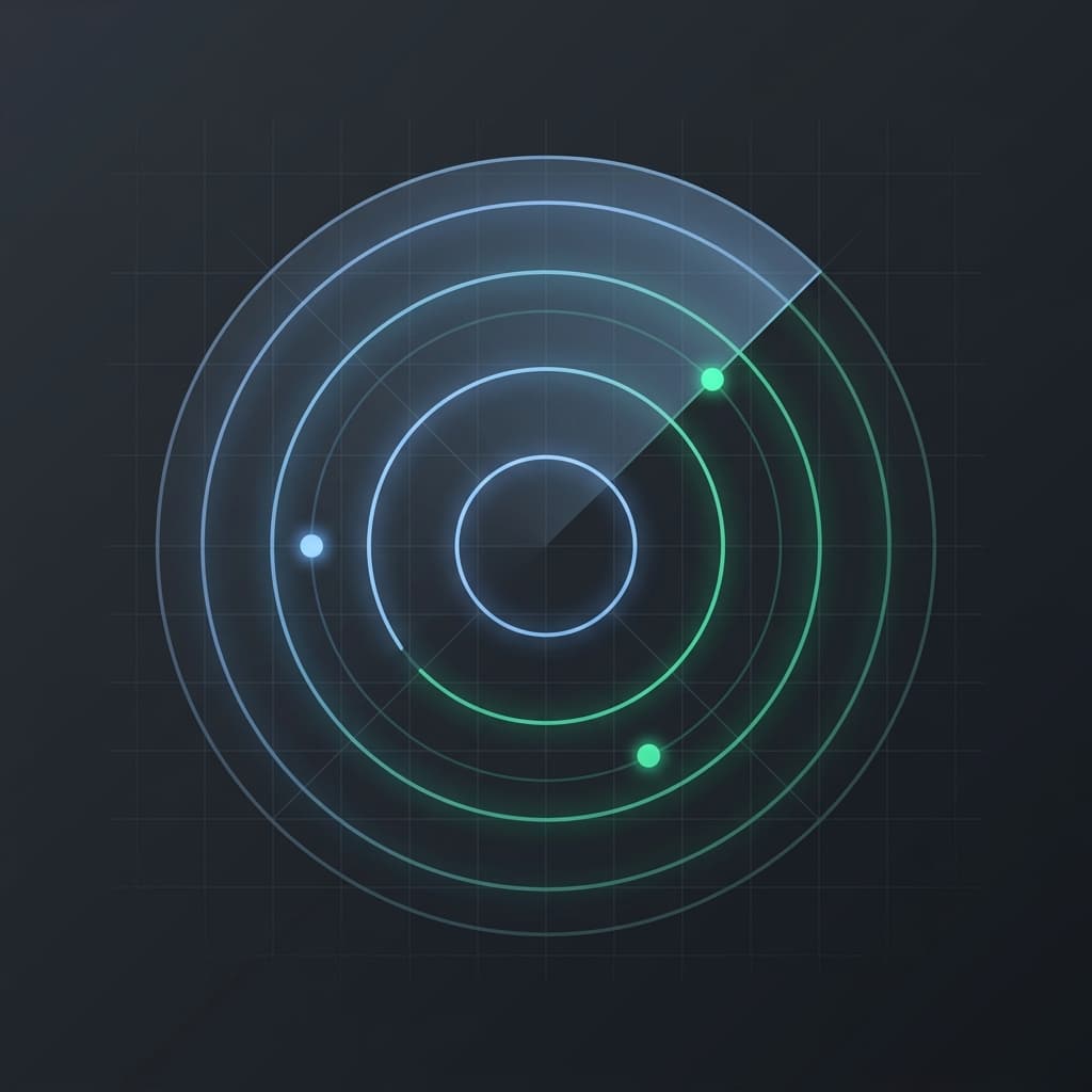 A radar sweep with two detected signal dots, representing citation tracking.