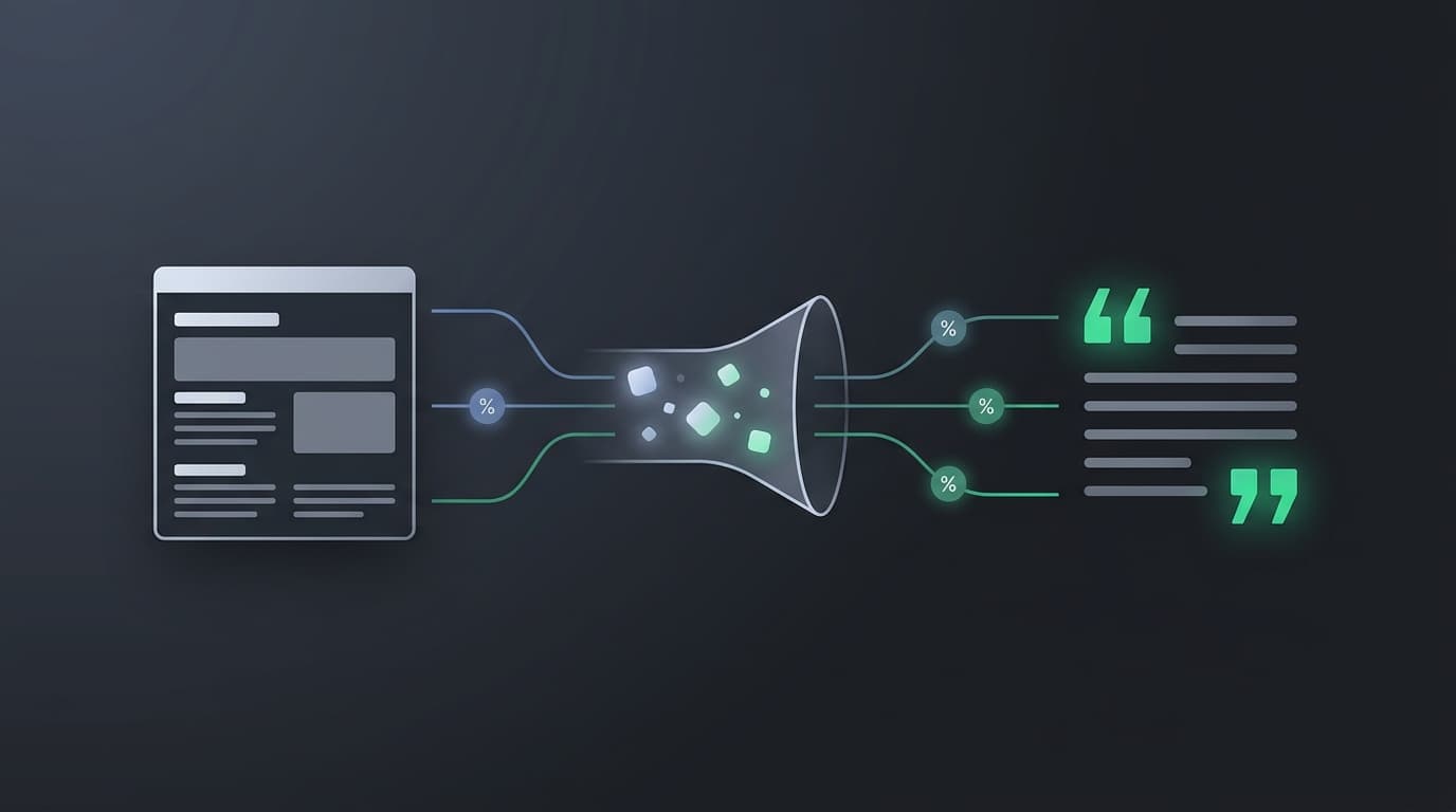 A structured webpage on the left connects through a funnel of AI retrieval and reranking to a cited answer on the right.